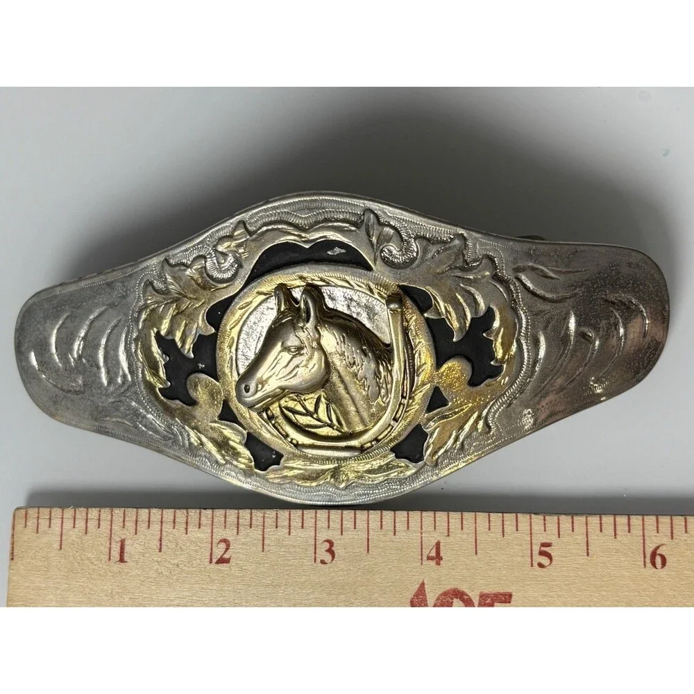 Western Horse Head Horseshoe Belt Buckle Silver Gold Tone Black Enamel Large